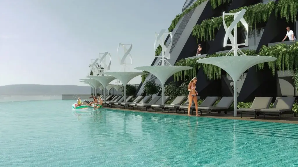 forgó lebegő zero waste hotel Katar Hayriatak zöld szálloda veszteségmentes medence