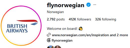 A Norwegian közösségi oldalán a British Airways logója egy elvesztett fogadás után